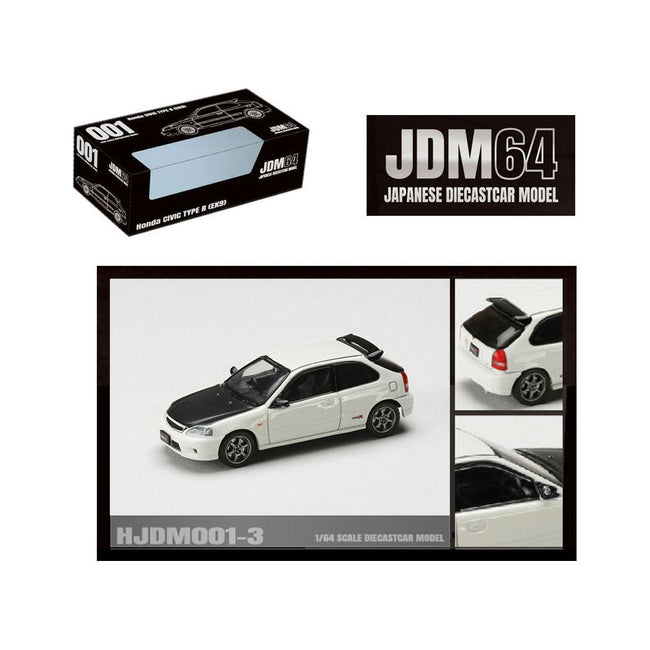 Honda Civic Type R (EK9) RHD (Right Hand Drive) Championship White with Carbon Hood "JDM64" Series 1/64 Diecast Model Car by Hobby Japan-Hobby Japan-ModelCars.com
