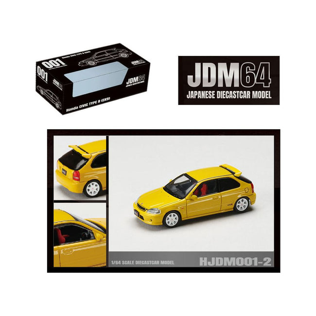 Honda Civic Type R (EK9) RHD (Right Hand Drive) Sunlight Yellow "JDM64" Series 1/64 Diecast Model Car by Hobby Japan-Hobby Japan-ModelCars.com