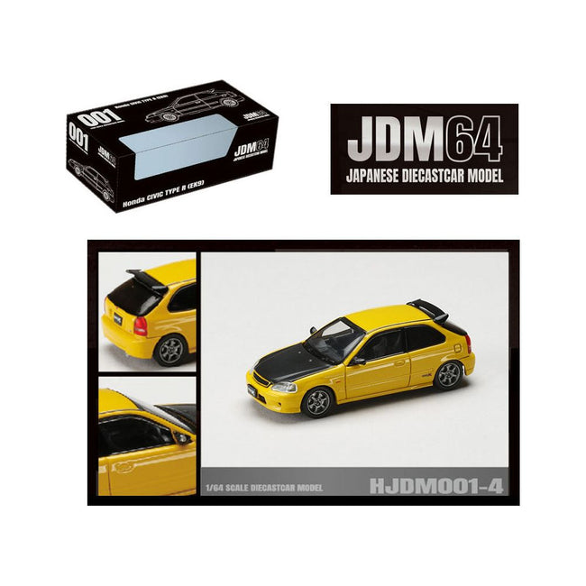 Honda Civic Type R (EK9) RHD (Right Hand Drive) Sunlight Yellow with Carbon Hood "JDM64" Series 1/64 Diecast Model Car by Hobby Japan-Hobby Japan-ModelCars.com