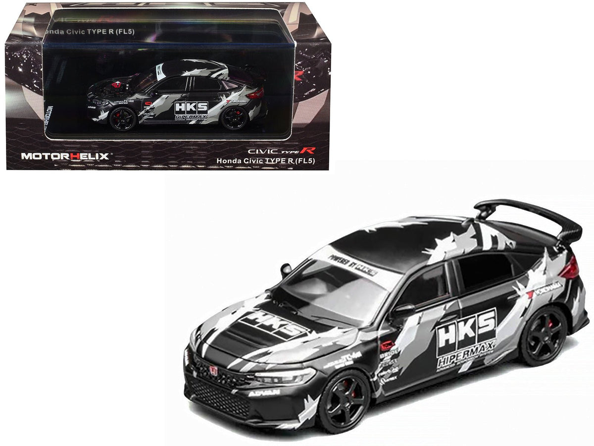 Honda Civic Type R (FL5) RHD (Right Hand Drive) "HKS" Matt Black with Graphics 1/64 Diecast Model Car by MotorHelix-Motorhelix-ModelCars.com