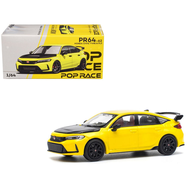 Honda Civic Type R FL5 Yellow with Carbon Hood 1/64 Diecast Model Car by Pop Race-Pop Race-ModelCars.com