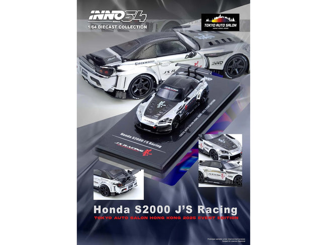 Honda S2000 RHD (Right Hand Drive) "J's Racing" Chrome Silver with Carbon Hood and Top with Graphics "Tokyo Auto Salon Hong Kong 2025 Event Edition" 1/64 Diecast Model Car by Inno Models-Inno Models-ModelCars.com