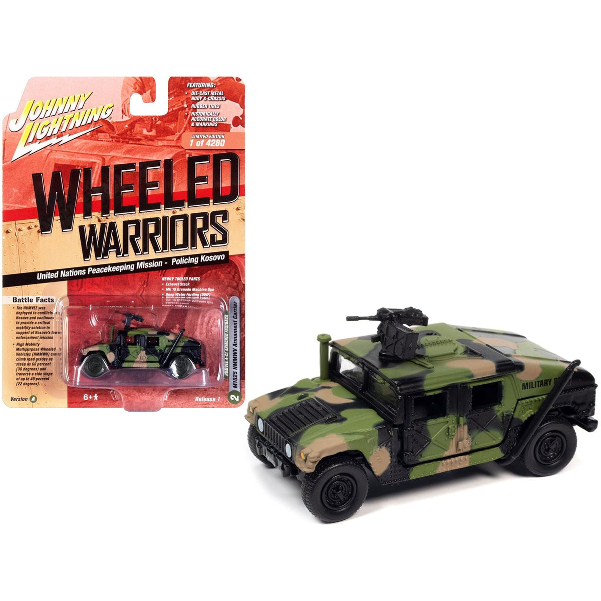Humvee 4-CT Armored Fastback M1025 HMMWV Armament Carrier Camouflage "U.N. United Nations Peacekeeping Mission - Policing Kosovo" "Wheeled Warriors" Series Limited Edition to 4280 pieces Worldwide 1/64 Diecast Model Car by Johnny Lightning-Johnny Lightning-ModelCars.com