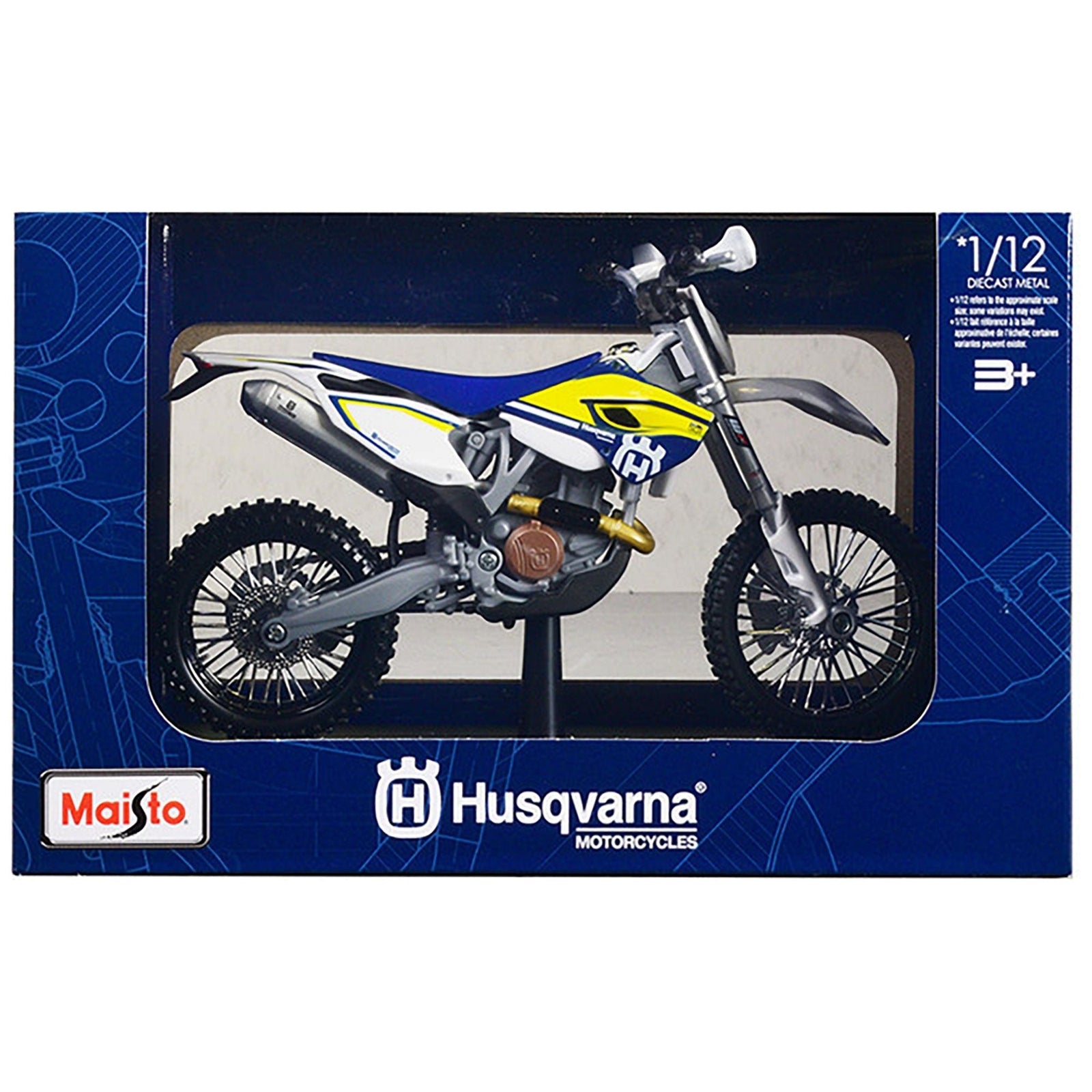 Husqvarna FE 501 White and Blue with Yellow Stripes 1/12 Diecast Motorcycle Model by Maisto - Maisto - ModelCars.com