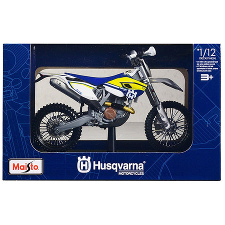 Husqvarna FE 501 White and Blue with Yellow Stripes 1/12 Diecast Motorcycle Model by Maisto - Maisto - ModelCars.com