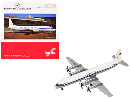 Ilyushin IL-18 Commercial Aircraft "Deutsche Lufthansa" (DM-STA) White with Blue Stripes 1/200 Diecast Model by Herpa-Herpa-ModelCars.com