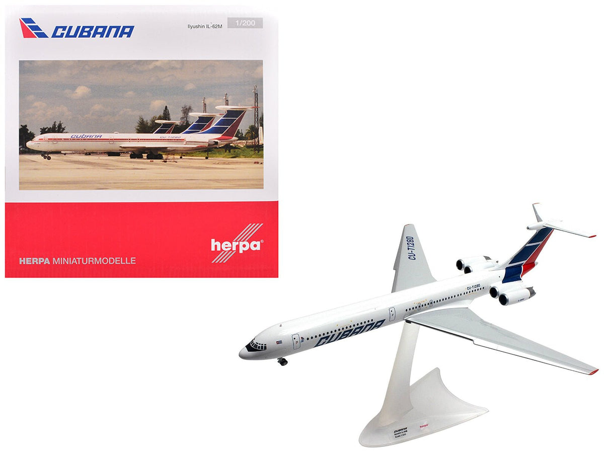 Ilyushin IL-62M Commercial Aircraft "Cubana de Aviacion" (T1280) White with Blue and Red Tail 1/200 Diecast Model Airplane by Herpa-GeminiJets-ModelCars.com