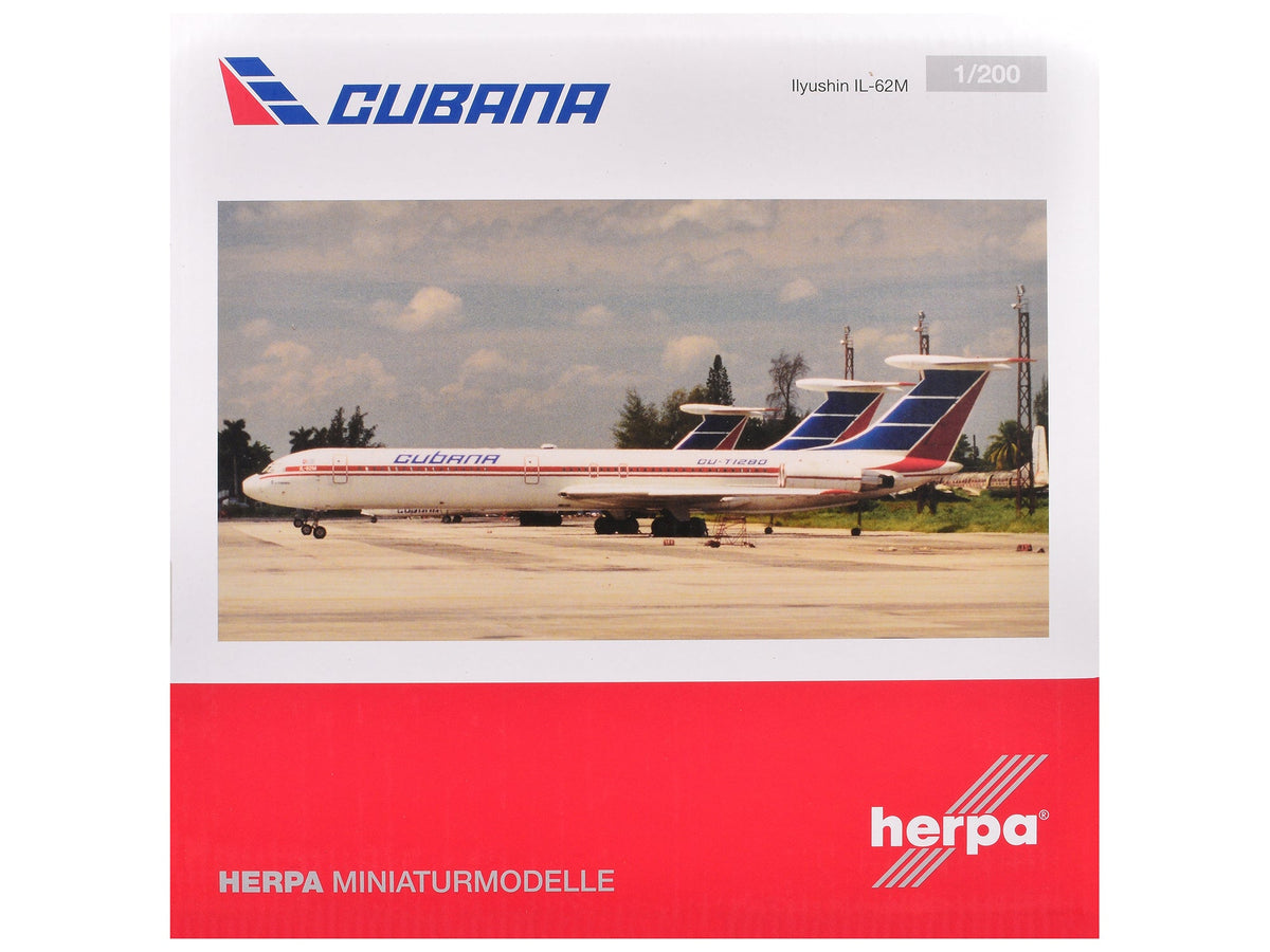 Ilyushin IL-62M Commercial Aircraft "Cubana de Aviacion" (T1280) White with Blue and Red Tail 1/200 Diecast Model Airplane by Herpa-GeminiJets-ModelCars.com