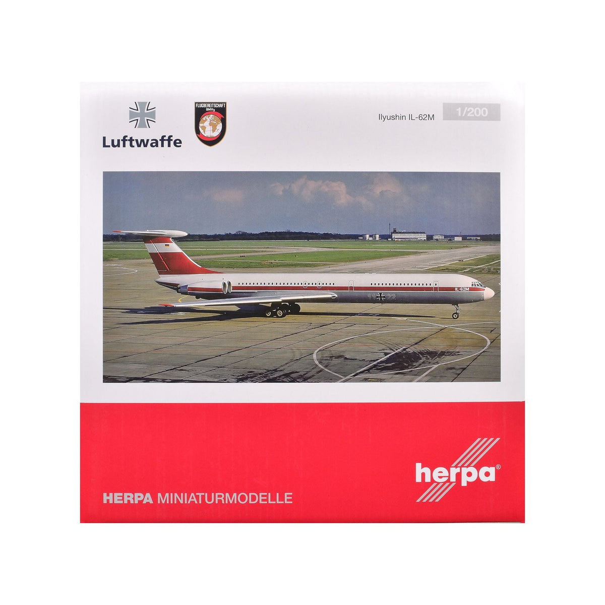 Ilyushin IL-62M Commercial Aircraft "German Luftwaffe" (11+22) White with Red Stripes 1/200 Diecast Model Airplane by Herpa-GeminiJets-ModelCars.com
