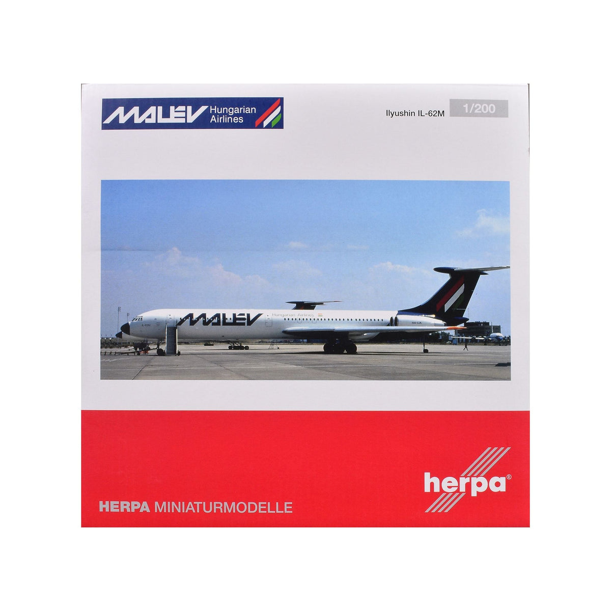 Ilyushin IL-62M Commercial Aircraft "Malev Hungarian Airlines" (HB-JBH) White with Dark Blue Tail 1/200 Diecast Model Airplane by Herpa-Herpa-ModelCars.com