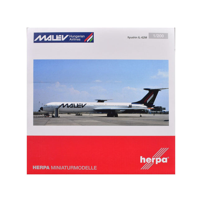 Ilyushin IL-62M Commercial Aircraft "Malev Hungarian Airlines" (HB-JBH) White with Dark Blue Tail 1/200 Diecast Model Airplane by Herpa-Herpa-ModelCars.com
