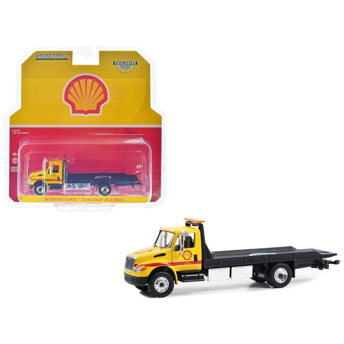 International Durastar 4400 Flatbed Truck Yellow "Shell Oil - Shell Roadside Service 24 Hour" 1/64 Diecast Model Car by Greenlight-Greenlight-ModelCars.com