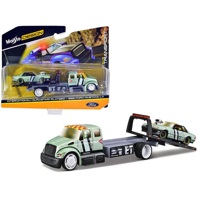 International DuraStar Flatbed Truck 17 and 1988 Ford Mustang LX 17 Light Green Metallic with Stripes and Graphics "Elite Transport" Series 1/64 Diecast Models by Maisto - Maisto - ModelCars.com