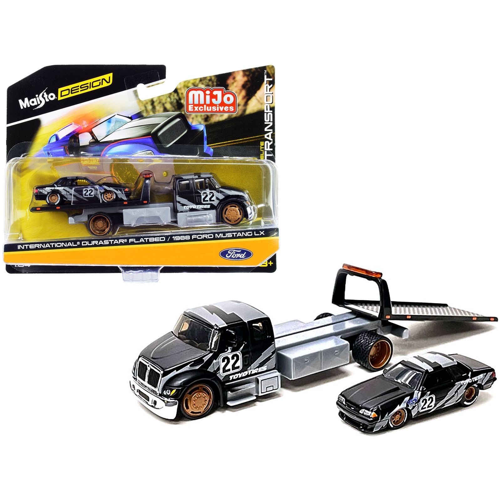 International DuraStar Flatbed Truck 22 and 1988 Ford Mustang LX 22 Matt Black with Gray Graphics "Toyo Tires" "Elite Transport" Series 1/64 Diecast Models by Maisto - Maisto - ModelCars.com