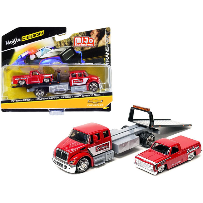 International DuraStar Flatbed Truck and 1987 Chevrolet 1500 Pickup Truck with Bed Cover Red with Graphics "Edelbrock" "Elite Transport" Series 1/64 Diecast Models by Maisto - Maisto - ModelCars.com