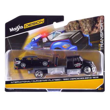 International Durastar Flatbed Truck Black "Premium Auto Car" and 1990 Mercedes-Benz 190E Black "Elite Transport" Series 1/64 Diecast Models by Maisto-Maisto-ModelCars.com