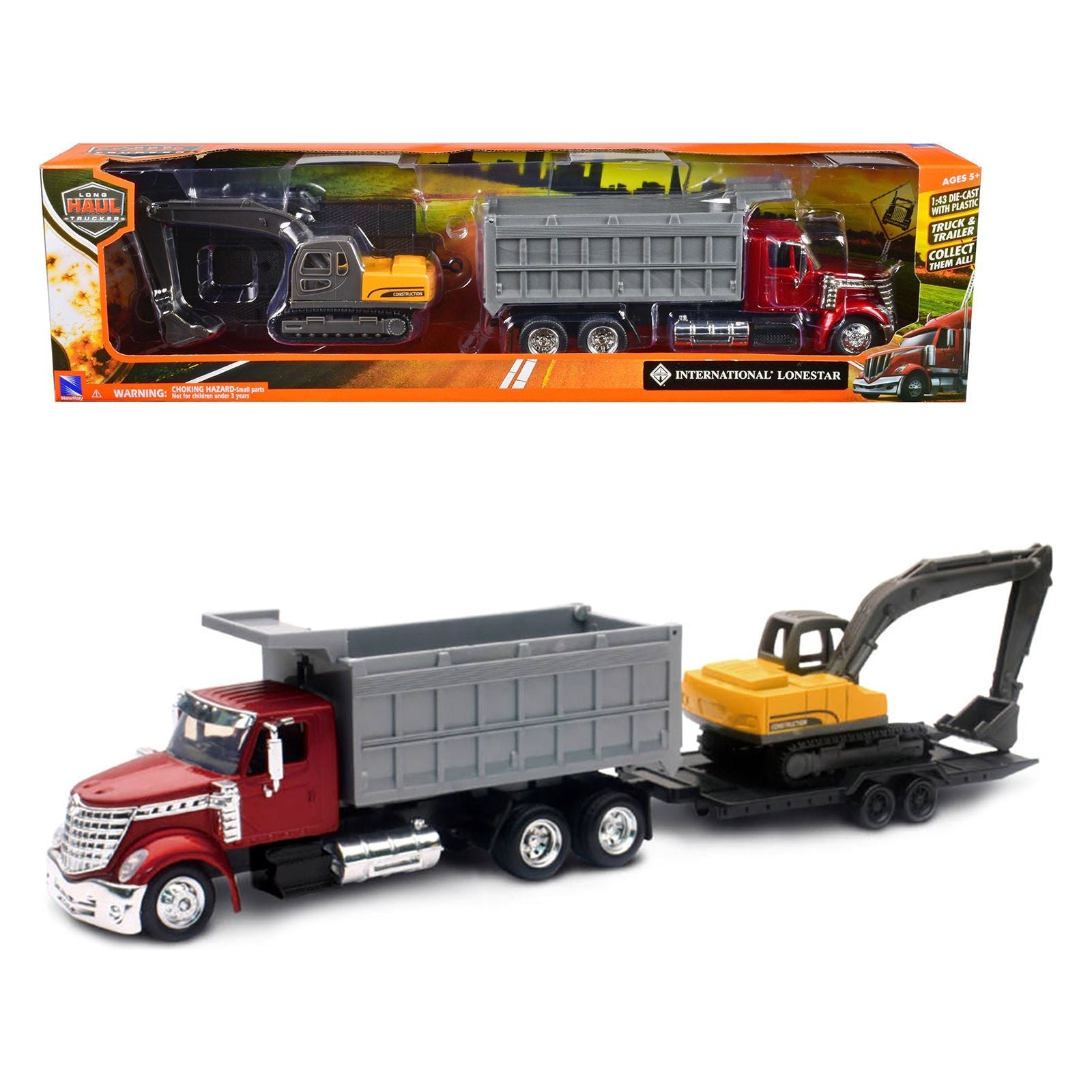 International Lonestar Dump Truck Red and Tracked Excavator Yellow with Flatbed Trailer "Long Haul Truckers" Series 1/43 Diecast Model by New Ray - New Ray - ModelCars.com