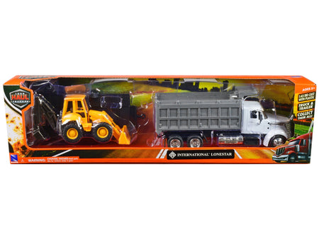 International Lonestar Dump Truck White and Wheel Loader Yellow with Flatbed Trailer "Long Haul Truckers" Series 1/43 Diecast Model by New Ray-New Ray-ModelCars.com