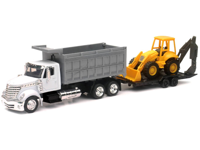 International Lonestar Dump Truck White and Wheel Loader Yellow with Flatbed Trailer "Long Haul Truckers" Series 1/43 Diecast Model by New Ray-New Ray-ModelCars.com