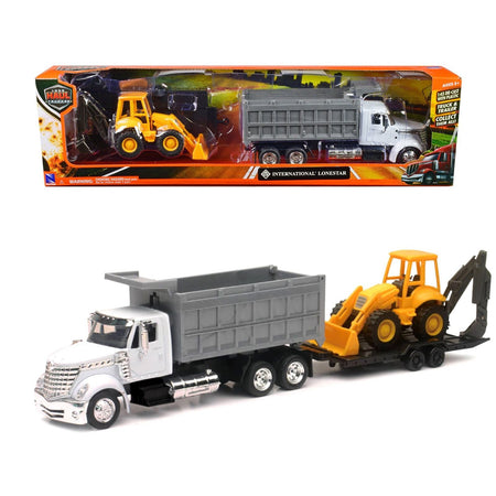 International Lonestar Dump Truck White and Wheel Loader Yellow with Flatbed Trailer "Long Haul Truckers" Series 1/43 Diecast Model by New Ray-New Ray-ModelCars.com