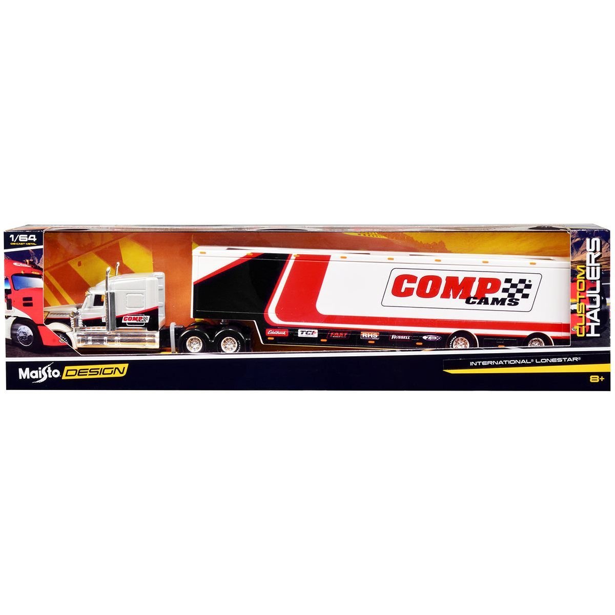 International LoneStar Enclosed Car Transporter "Comp Cams" White and Black with Stripes "Custom Haulers" Series 1/64 Diecast Model by Maisto-Maisto-ModelCars.com