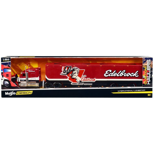 International LoneStar Enclosed Car Transporter "Edelbrock" Red with Black and White Stripes "Custom Haulers" Series 1/64 Diecast Model by Maisto-Maisto-ModelCars.com