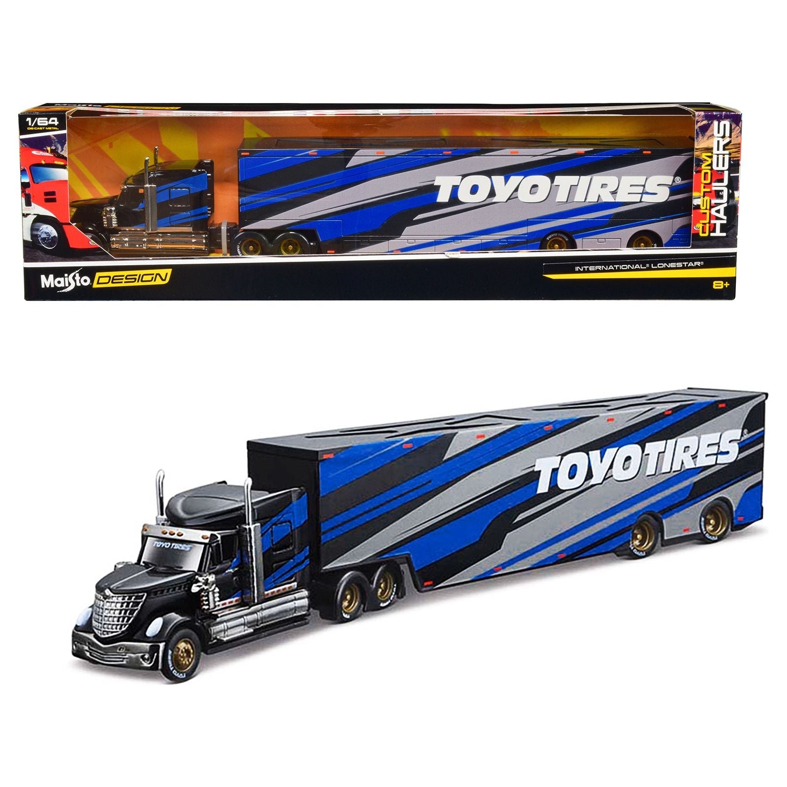 International LoneStar Enclosed Car Transporter "Toyo Tires" Black with Blue and Gray Stripes "Custom Haulers" Series 1/64 Diecast Model by Maisto - Maisto - ModelCars.com