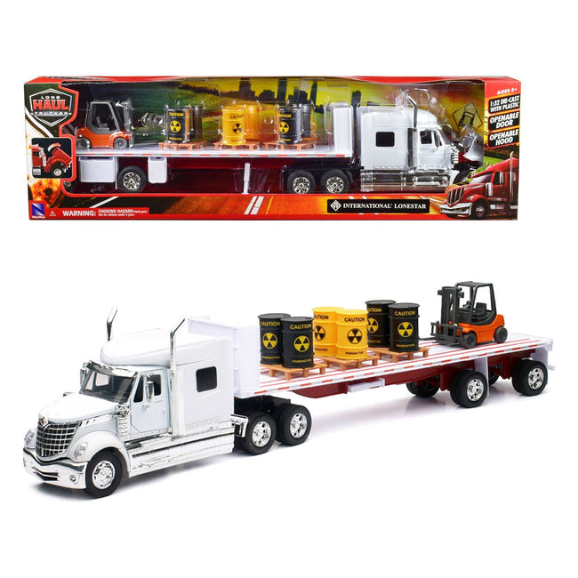 International Lonestar Flatbed Truck White with 6 Toxic Barrels 3 Pallets and Forklift "Long Haul Trucker" Series 1/32 Diecast Model by New Ray - New Ray - ModelCars.com