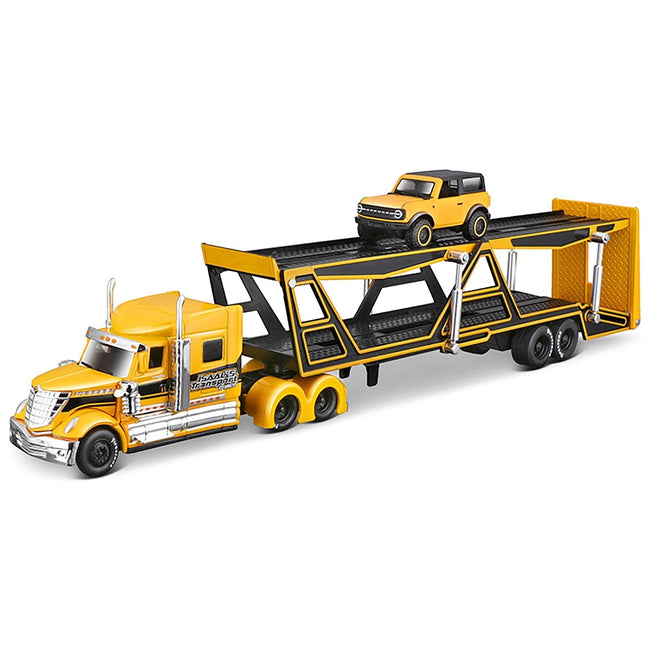 International Lonestar Open Car Hauler Yellow with Black Stripes and 2021 Ford Bronco Badlands Yellow with Black Top "Transporters" Series 1/64 Diecast Models by Maisto-Maisto-ModelCars.com