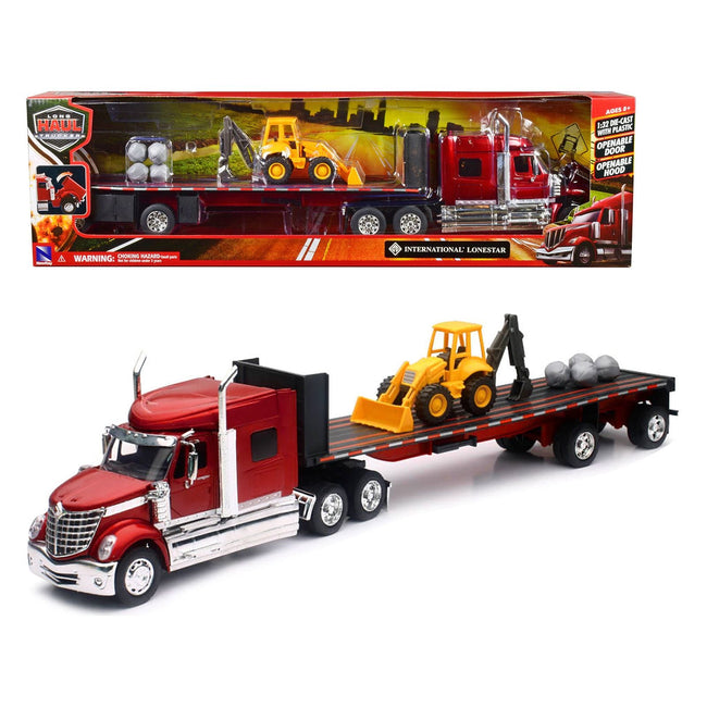 International Lonestar Truck with Flatbed Trailer Red Metallic with Front Loader and Rocks "Long Haul Truckers" Series 1/32 Diecast Model by New Ray - New Ray - ModelCars.com