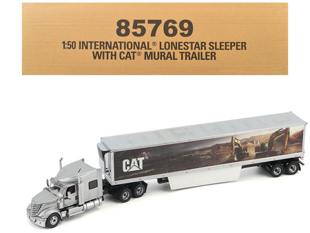 International Lonestar Truck with Sleeper Silver Metallic with "CAT Caterpillar" Mural Trailer "Transport Series" 1/50 Diecast Model by Diecast Masters-Diecast Masters-ModelCars.com