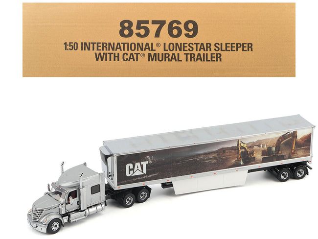 International Lonestar Truck with Sleeper Silver Metallic with "CAT Caterpillar" Mural Trailer "Transport Series" 1/50 Diecast Model by Diecast Masters-Diecast Masters-ModelCars.com