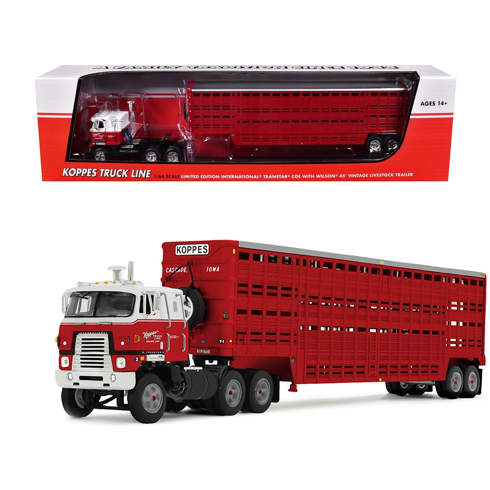 International TranStar COE and 45 Wilson Vintage Livestock Trailer "Koppes Truck Line" Red and White 1/64 Diecast Model by DCP/First Gear - First Gear - ModelCars.com