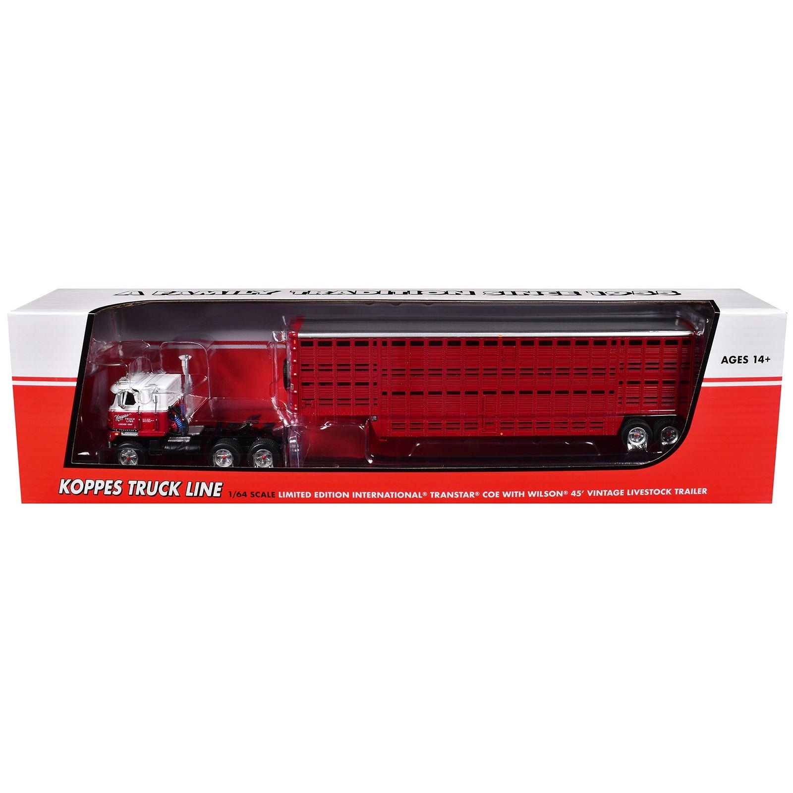International TranStar COE and 45 Wilson Vintage Livestock Trailer "Koppes Truck Line" Red and White 1/64 Diecast Model by DCP/First Gear - First Gear - ModelCars.com