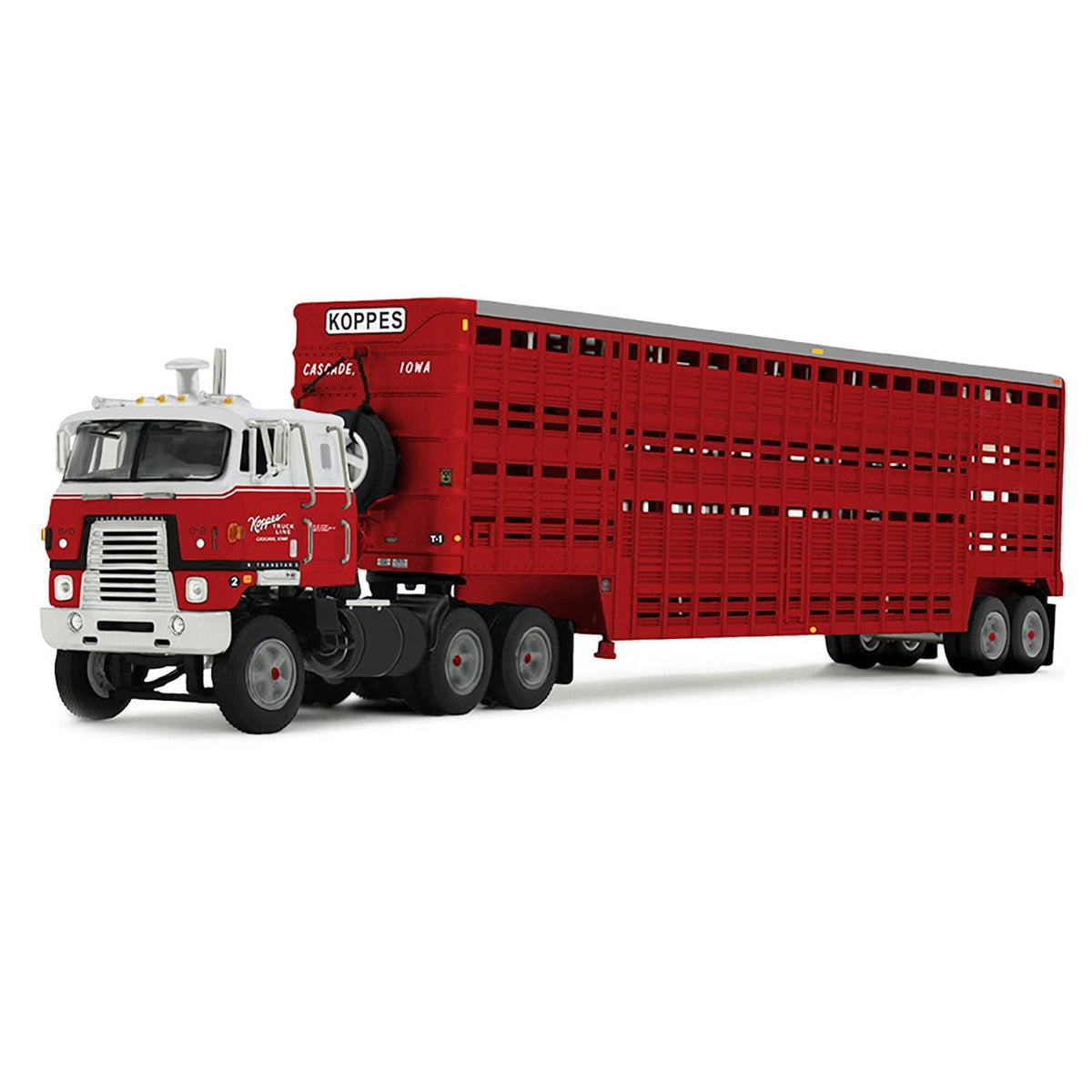 International TranStar COE and 45 Wilson Vintage Livestock Trailer "Koppes Truck Line" Red and White 1/64 Diecast Model by DCP/First Gear-First Gear-ModelCars.com