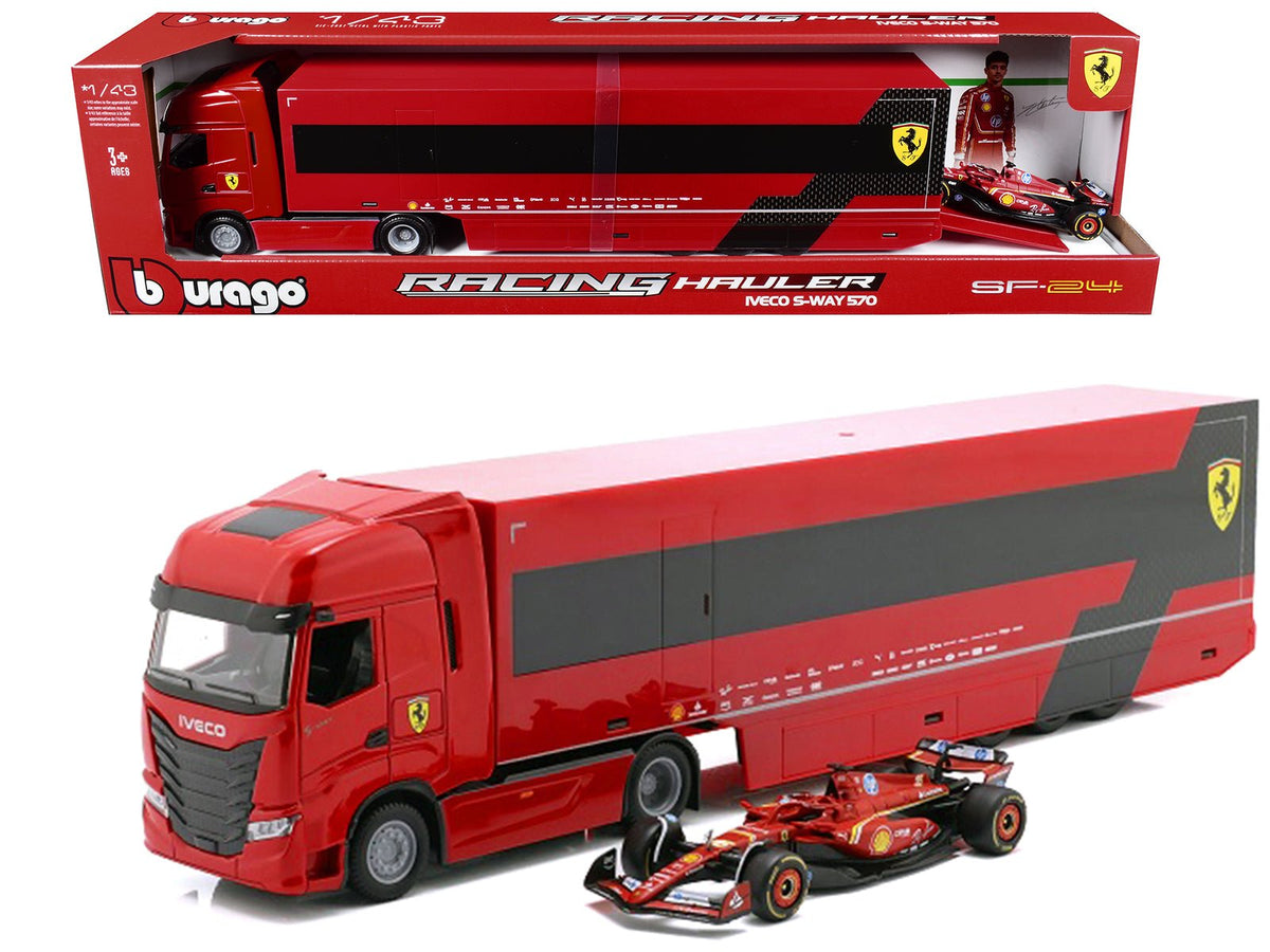 Iveco S-Way 570 Car Transporter Red and Ferrari SF-24 16 Charles Leclerc Formula One F1 World Championship (2024) "Racing Hauler" Series 1/43 Diecast Model Car by Bburago-Bburago-ModelCars.com