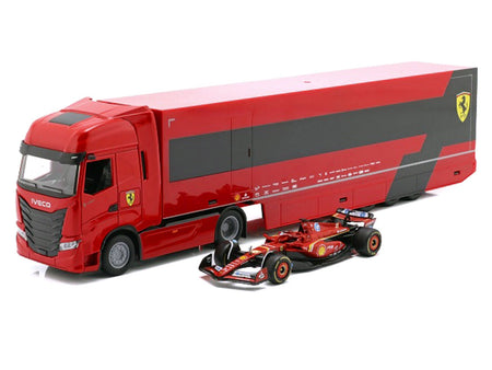 Iveco S-Way 570 Car Transporter Red and Ferrari SF-24 16 Charles Leclerc Formula One F1 World Championship (2024) "Racing Hauler" Series 1/43 Diecast Model Car by Bburago-Bburago-ModelCars.com