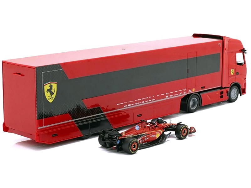 Iveco S-Way 570 Car Transporter Red and Ferrari SF-24 16 Charles Leclerc Formula One F1 World Championship (2024) "Racing Hauler" Series 1/43 Diecast Model Car by Bburago-Bburago-ModelCars.com