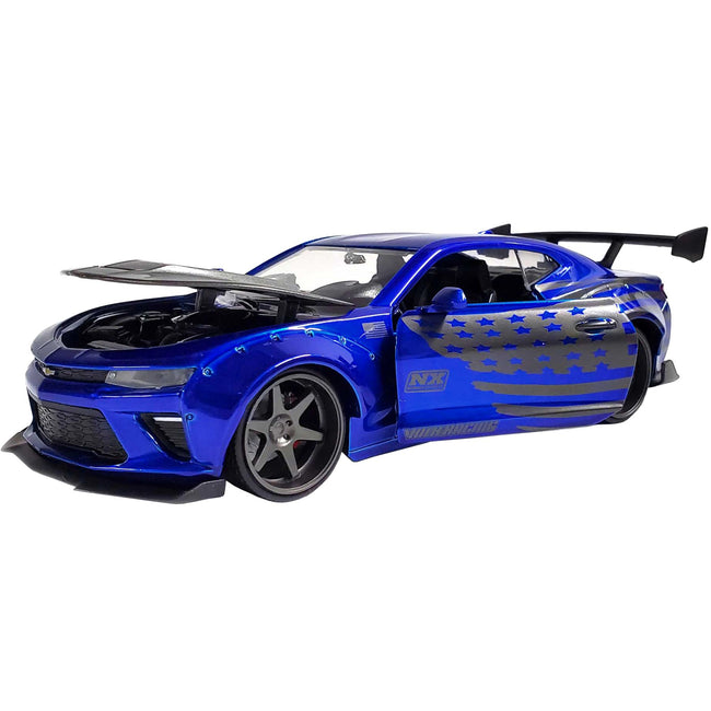 2016 Chevrolet Camaro Widebody Candy Blue with Gray Metallic Hood and American Flag Graphics "Bigtime Muscle" Series 1/24 Diecast Model Car by Jada