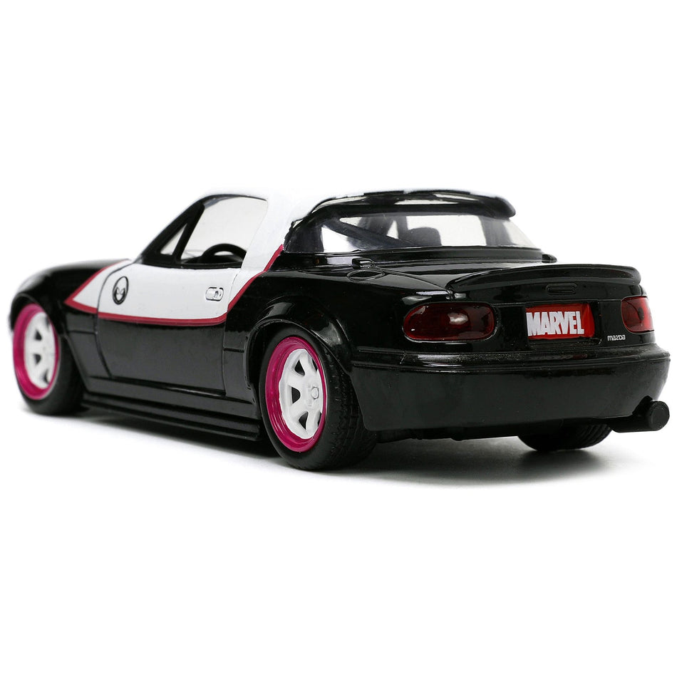 1990 Mazda Miata Black and White with Graphics and Ghost Spider Diecast Figure "Spider-Man" "Marvel" Series 1/32 Diecast Model Car by Jada