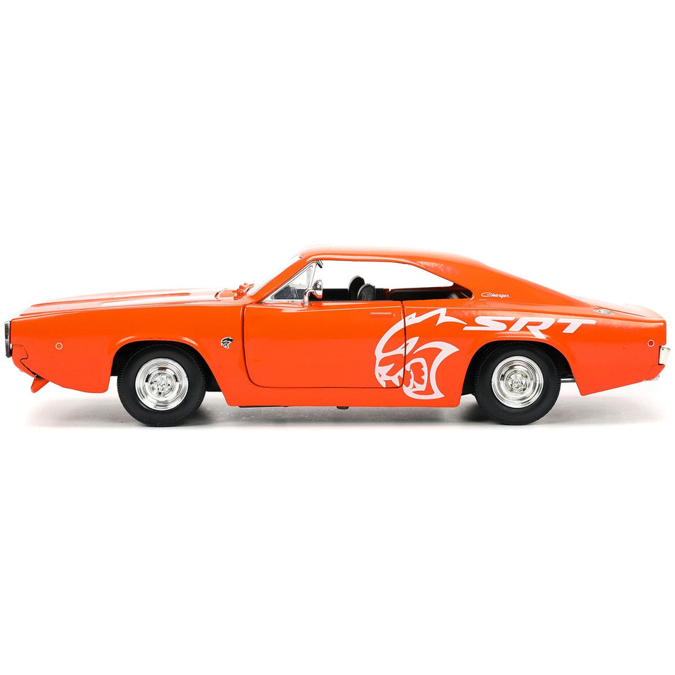 1968 Dodge Charger R/T SRT Orange with White Stripes and Graphics "Bigtime Muscle" Series 1/24 Diecast Model Car by Jada