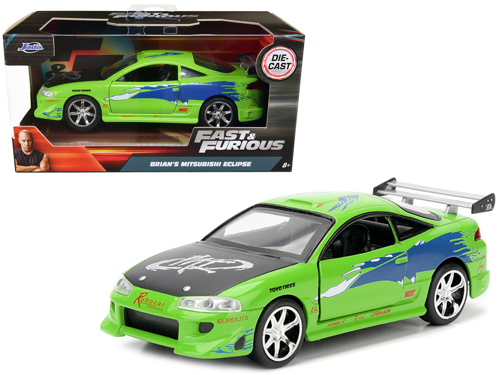 Brian's 1995 Mitsubishi Eclipse Green with Graphics "Fast & Furious" Movie 1/32 Diecast Model Car by Jada