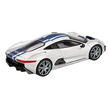 Jaguar C-X75 Silver Metallic with Blue Stripes Limited Edition 1/64 Diecast Model Car by Mini GT-Mini GT-ModelCars.com