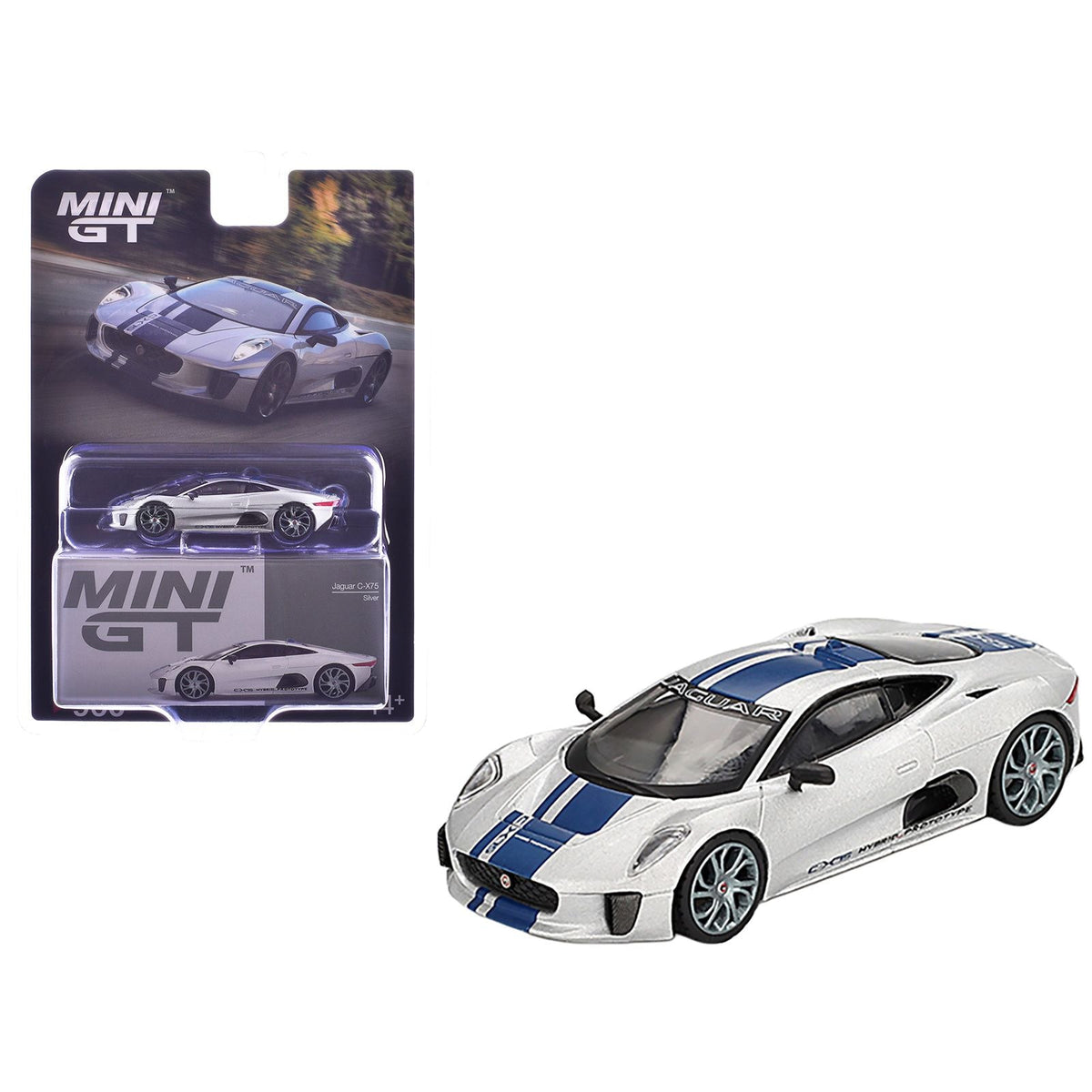 Jaguar C-X75 Silver Metallic with Blue Stripes Limited Edition 1/64 Diecast Model Car by Mini GT-Mini GT-ModelCars.com