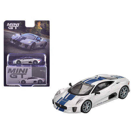 Jaguar C-X75 Silver Metallic with Blue Stripes Limited Edition 1/64 Diecast Model Car by Mini GT-Mini GT-ModelCars.com