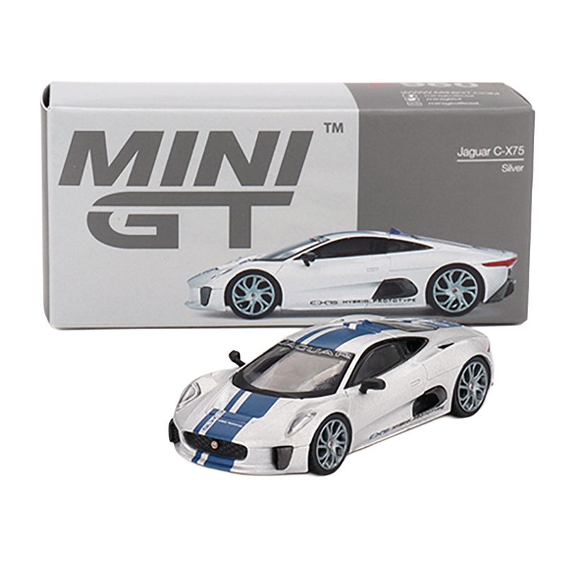 Jaguar C-X75 Silver Metallic with Blue Stripes Limited Edition 1/64 Diecast Model Car by Mini GT-Mini GT-ModelCars.com