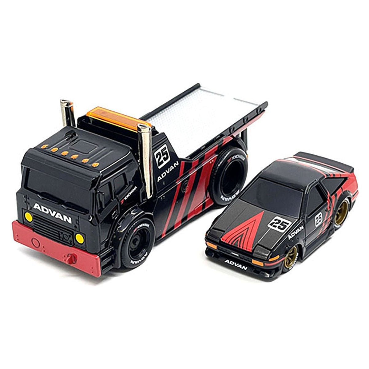 JDM Flatbed Truck #25 Black and Red and 1983-85 Toyota Trueno Sprinter (AE86) #25 Black and Red "Advan" Livery "Muscle Transports" Series 1/64 Diecast Models by Muscle Machines-Muscle Machines-ModelCars.com