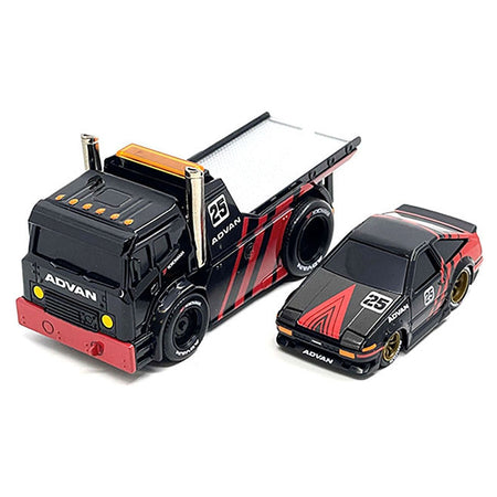 JDM Flatbed Truck #25 Black and Red and 1983-85 Toyota Trueno Sprinter (AE86) #25 Black and Red "Advan" Livery "Muscle Transports" Series 1/64 Diecast Models by Muscle Machines-Muscle Machines-ModelCars.com