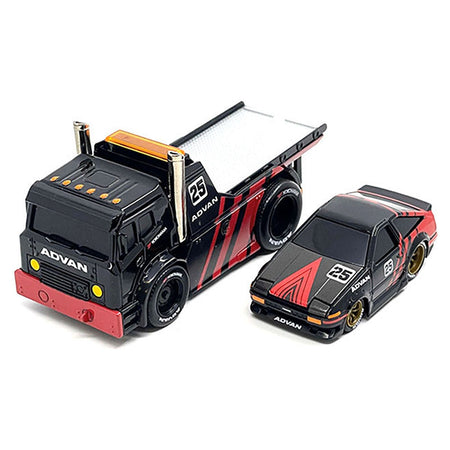 JDM Flatbed Truck 25 Black and Red and 1983 - 85 Toyota Trueno Sprinter (AE86) 25 Black and Red "Advan" Livery "Muscle Transports" Series 1/64 Diecast Models by Muscle Machines - Muscle Machines - ModelCars.com