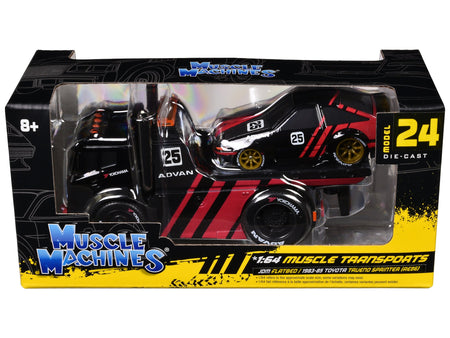 JDM Flatbed Truck #25 Black and Red and 1983-85 Toyota Trueno Sprinter (AE86) #25 Black and Red "Advan" Livery "Muscle Transports" Series 1/64 Diecast Models by Muscle Machines-Muscle Machines-ModelCars.com